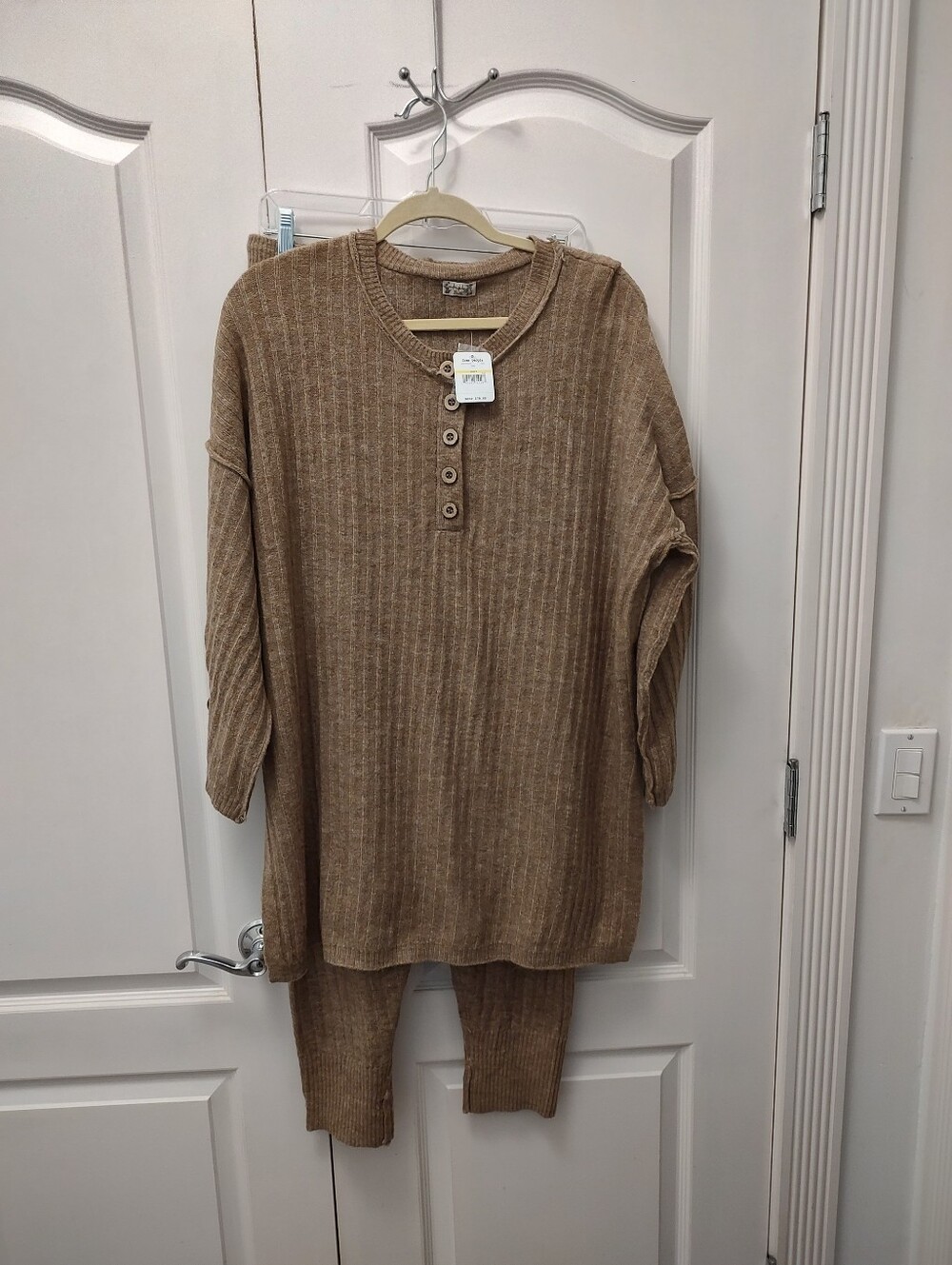 Free People Ribbed Henley Knit Sweater Set - Tan
